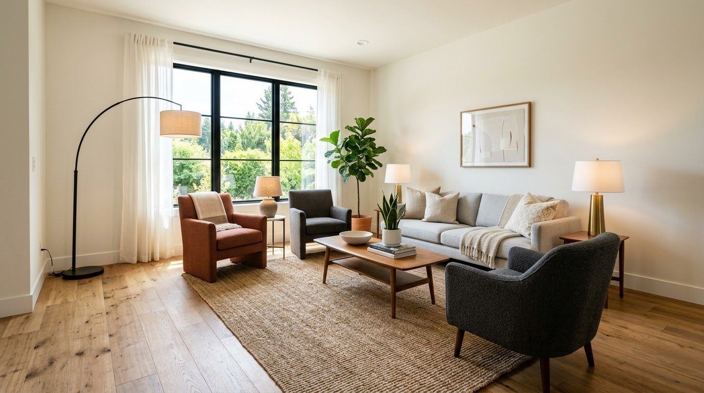 A bright, neutral living room prepared for sale